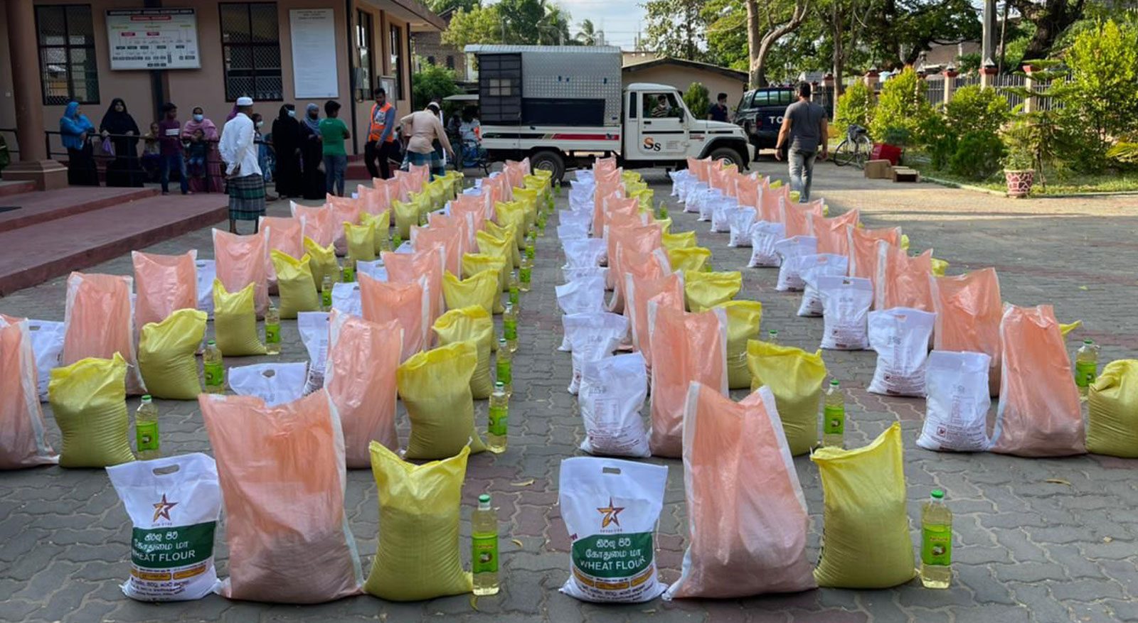 Rows of food and hygiene parcels ready for distribution